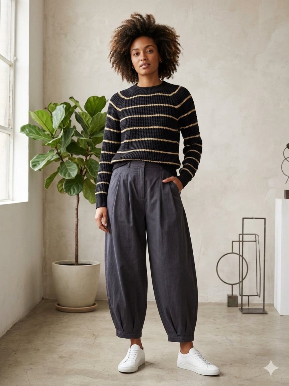 twik Black Crewneck Sweater with Stripes